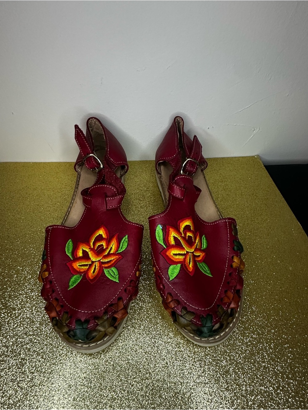Red Embroidered Flower Leather Sandals - Women